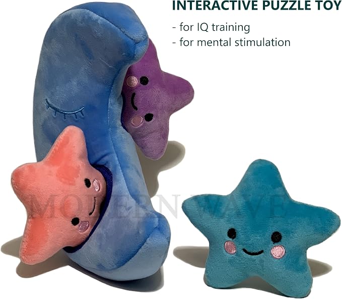MODERN WAVE - Interactive Squeaky Plush Hide and Seek Squirrel Type Puzzle Toy for Dogs, Small Size (Moon and Stars)