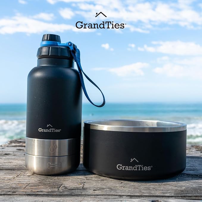 GrandTies Insulated Portable Dog Water Bottle with 2 Detachable Bowls, 32oz, Matte Black