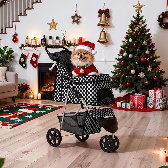 MoNiBloom 3-Wheel Foldable Pet Stroller - Black Polka Dots
