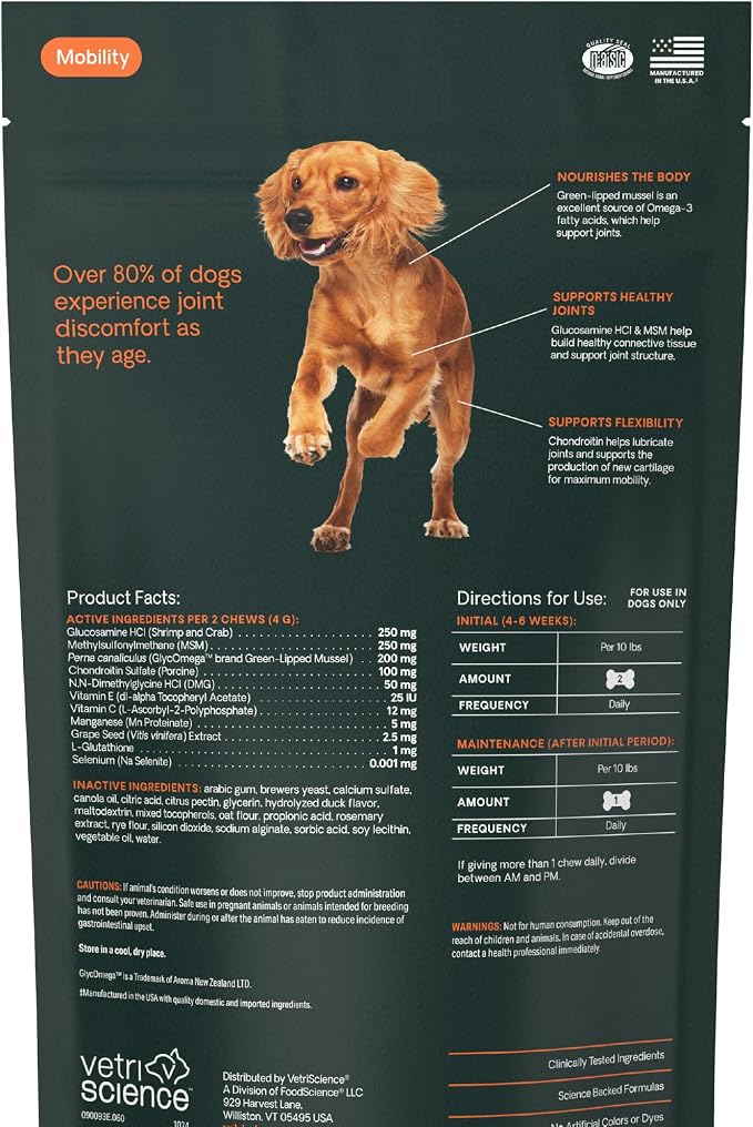 VetriScience Ultimate Strength Healthy Hip & Joint Chews, GlycoFlex Glucosamine, Chondroitin and Green-Lipped Mussel Joint Supplement for Small Breed Dogs, Soothe Joint Discomfort, Duck, 60 Count