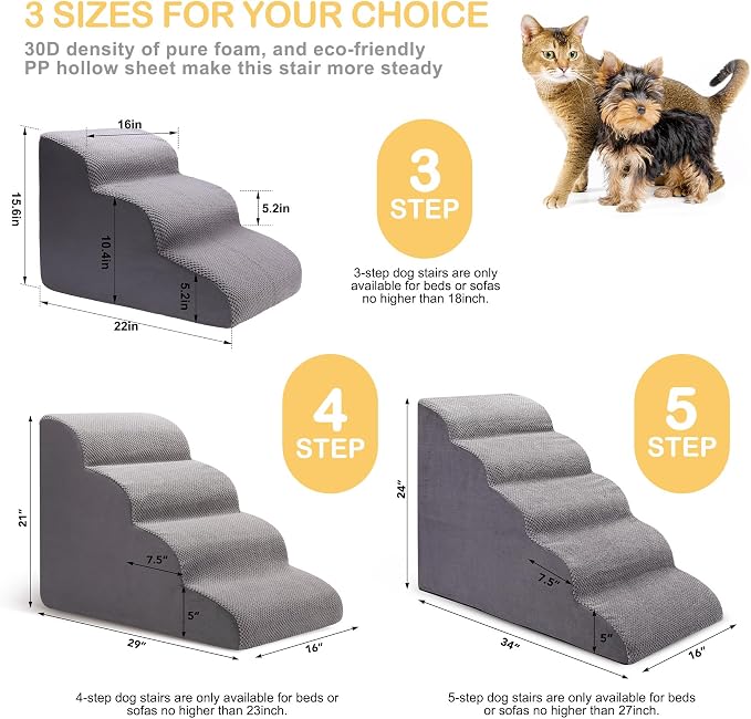 CiWiVOKi Dog Stairs for Bed and Couch, Non-Slip 5-Step Pet Stairs, 24" High Sofa Foam Dog Ramp - Best for Small Pets, Dogs and Cats with Joint Pain