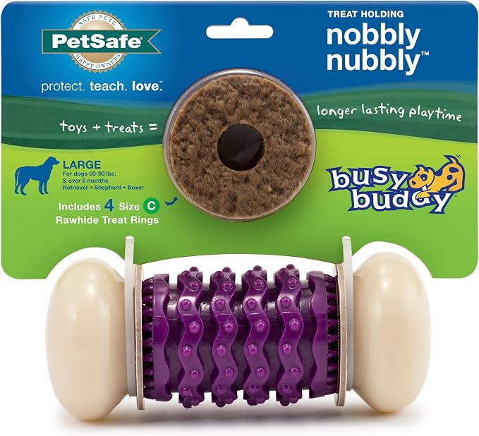PetSafe Busy Buddy Nobbly Nubbly Treat Holding Dog Chew Toy, Large | Durable Nylon & Vanilla-Scented Rubber, Add Treat Rings or Peanut Butter, Top-Rack Dishwasher Safe, for Dogs 50-90 Lb