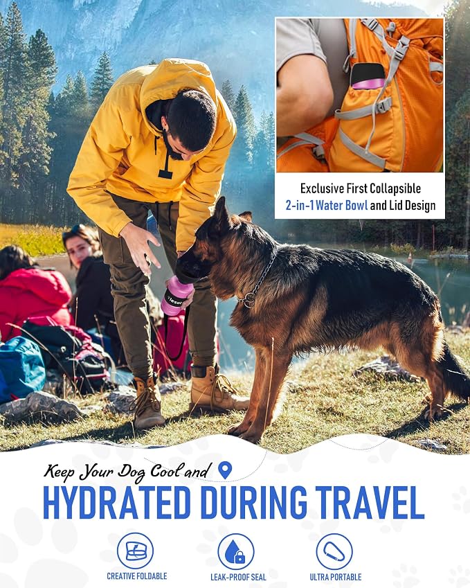lesotc Dog Water Bottle, Portable Water Dispenser with Travel Water Bowl, Leak Proof Pet Travel Squeeze Bottle, Puppy Essentials Dog Stuff Accessories for Outdoor Walking, Hiking, Camping