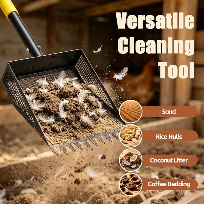 Ihomepark Chicken Poop Scooper & Rake, 42-84" Adjustable Chicken Coop Shovel, 2-in-1 Heavy Duty Iron Sand Sifting Litter Rake for Chicken Coop, Goat, Cat Litter & Barn Yard Waste