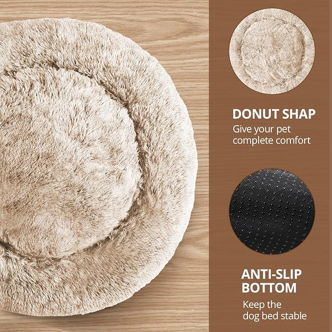JOLLYVOGUE 27" Calming Donut Dog & Cat Bed, Cream Brown