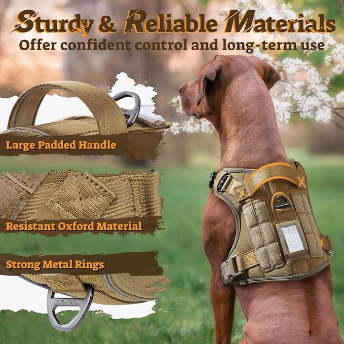 rabbitgoo Tactical Dog Harness for Large Dogs, No Pull Service Pet Vest | Military Molle System & Easy Control Handle, Adjustable and Reflective for Walking and Training, Brown, Large