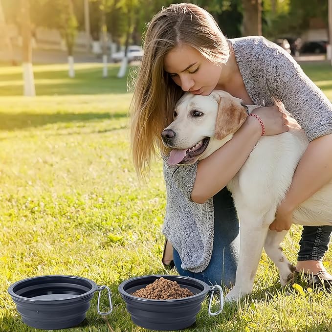 SLSON Dog Bowls Collapsible with Cover Lids, 2 Pack, Black and Black, Medium