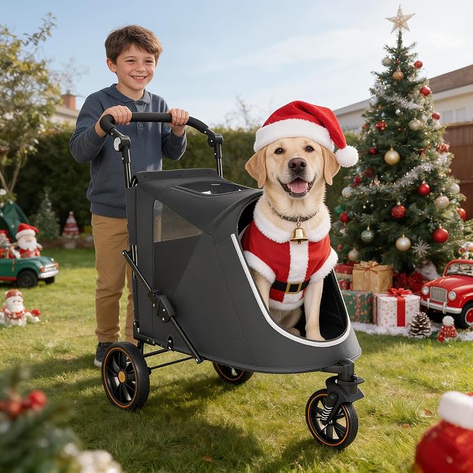MoNiBloom 3-Wheel Pet Stroller for Large Dogs - Black, up to 55lbs, Dual Entry