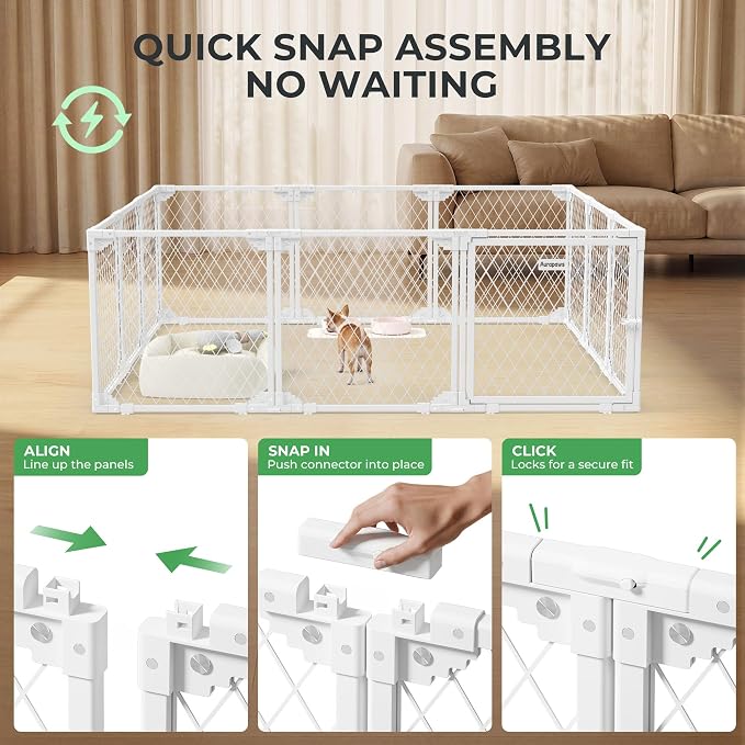 Dog Playpen Indoor - 24" Height 8 Panel Diamond Mesh Chew Resistant Puppy Playpen, Tool-Free Assembly, Dog Exercise Pen Indoors for Puppies and Small Dogs & Pets, Portable White Metal Dog Pen