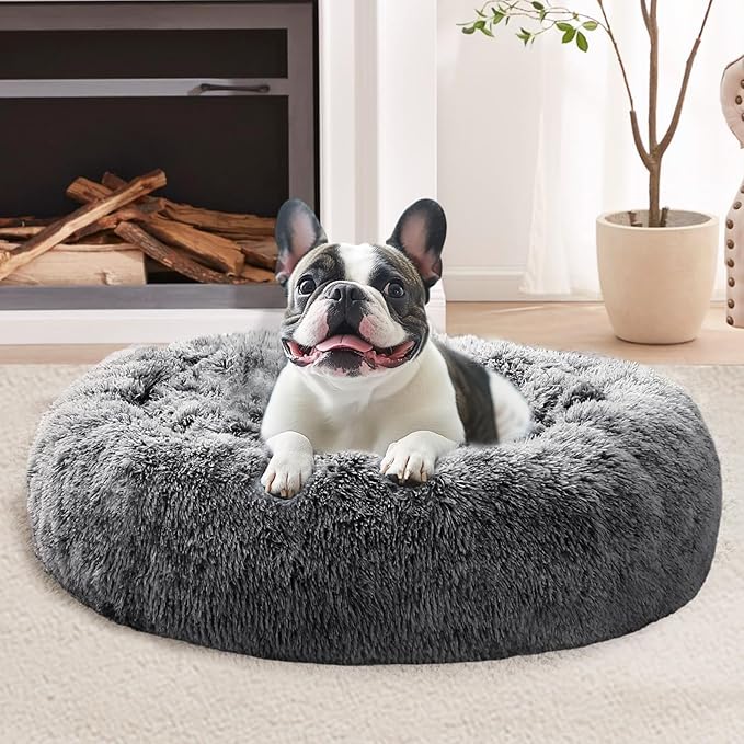 JOLLYVOGUE 23" Calming Donut Dog & Cat Bed, Smoke Black