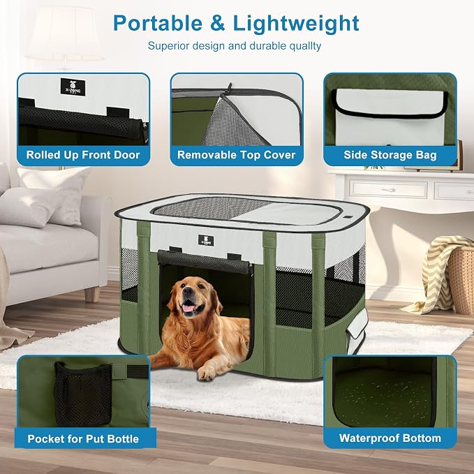 X-ZONE PET Dog Playpen, Puppy Cat Play Pen Portable Foldable Indoor/Outdoor Tent Crate Cage, Portable Pet Crate Medium Size Green 33"
