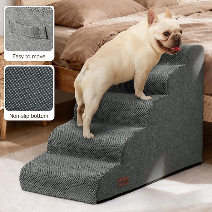 Aodisman Dog Stairs for Bed 22.4”H,5-Step Dog Ramp for Small Dogs & Cats,Pet Steps for Dogs to get on High Bed, Indoor Anti-Slip Pet Stairs for Old Cats and Puppy,Grey