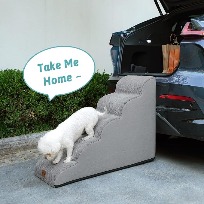 COZY KISS Dog Stairs for Small Dog 22.6" H, Curved Pet Step for Puppy, Older Cat, Medium Pet Ramp for High Bed, Ladder with High Density Foam, Durable, 5 Step, 15.7x33x22.6 inch, Grey