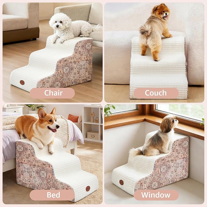 Woochpet 15.7” H Ramp Dog Stairs for Small Dogs, Printed Fabric 3 Tier Wider Curved Pet Stairs for Couch and Beds，Non-Slip Bottom for Old Cats with High-Density Foam and Washable Cover
