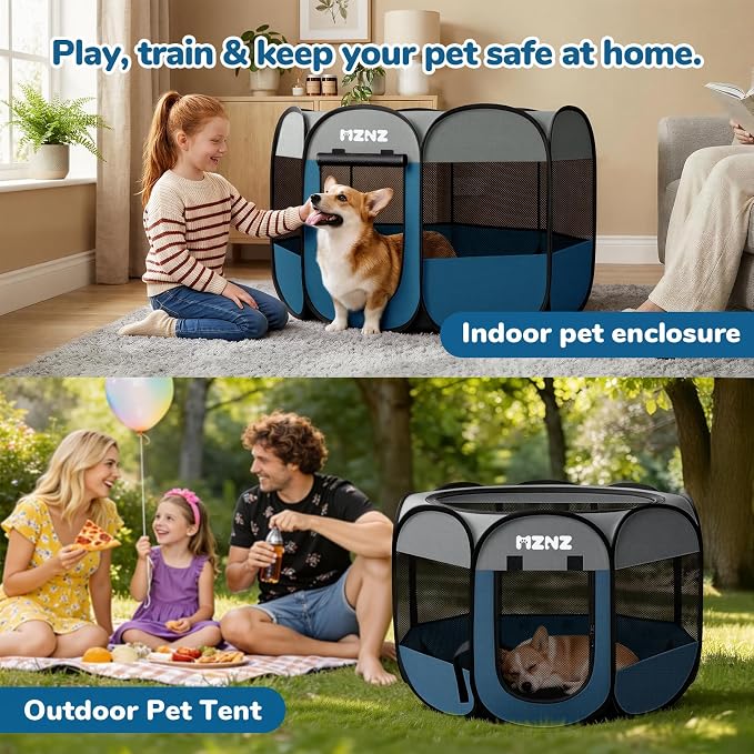 Dog Cat Playpen, Portable Puppy Pet Crate Indoors for Small/Medium Dogs Cats Rabbits, Foldable Dog Cage Enclosure for Outdoor, Pop Up Dogs Tent Kennel with Carrying Case, Grey Blue
