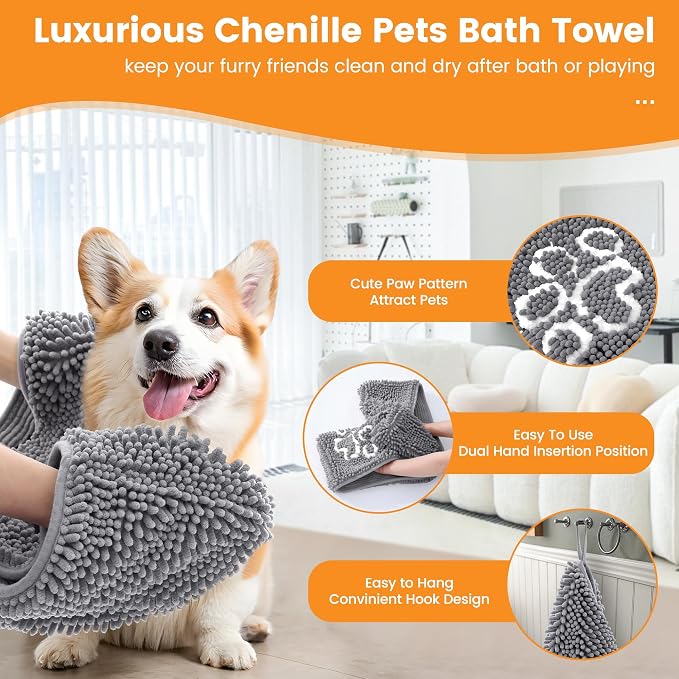 Smiry Chenille Dog Drying Towel, Extra Absorbent Bath Towel for Mud Dogs, Ultra Soft Quick Dry Pet Wash Mitt for Bathing, Grooming and Post-Walk Cleaning (31x13 Inches, Grey)