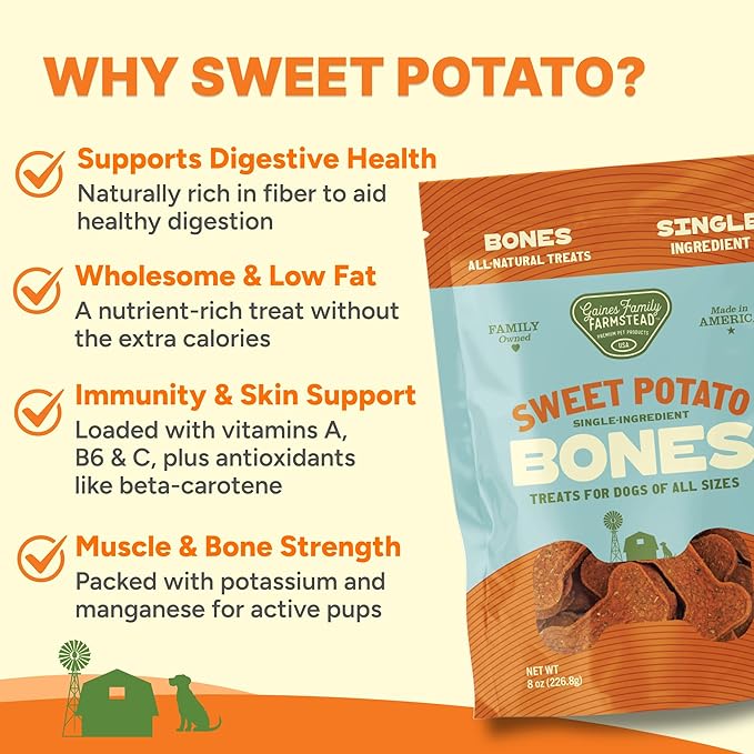 Gaines Family Farmstead Sweet Potato Dog Bones – 14 oz Bag, All-Natural, Single Ingredient, Grain-Free Dog Treats for Digestive Health, High Fiber - Training & Rewards, Made in USA