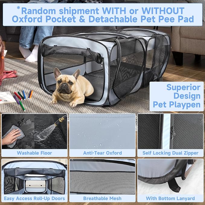 2-in-1 Dog Playpen, 73''Pop Up Cat Puppy Pet Playpen Indoor/Outdoor Cats Enclosed, Cat Dog Tent Crate Cage Kennel, Portable Playpen for Kitten, Small Animals Play Pen(No Divider, Unified Space)