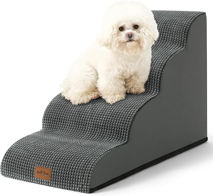 COZY KISS Wide Dog Stairs for Small Dog 19.7" H, 4 Step Pet Ramp for Bed | Curved Stable Dog Step for Puppy, Older Cat, Senior, Medium, Short-Legged Dog, Non-Slip Ladder, 17.7" Width, Charcoal Grey