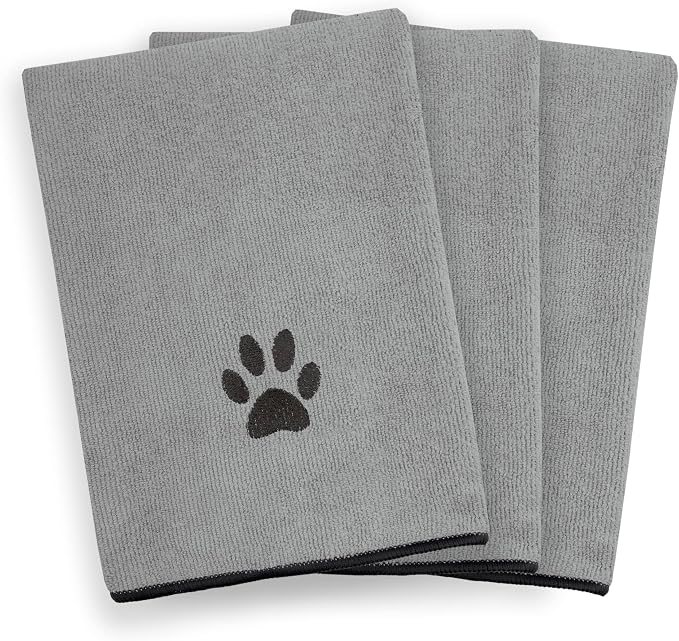 Ritz Premium Embroidered Microfiber Pet Towel (3-Pack), 18" x 28", Highly Absorbent, Fast-Drying, Long-Lasting, Super Soft 80% Polyester and 20% Polyamide Pet Cloth, Grey