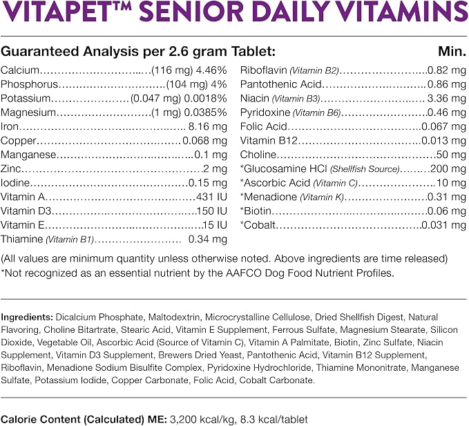 NaturVet VitaPet Senior Daily Vitamin Dog Supplements - 365 Ct | Full Spectrum of Vitamins & Minerals, Enhanced with Glucosamine for Added Joint Support, 365 Time Release Tablets