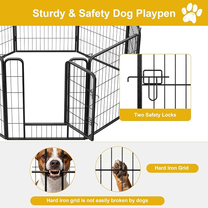 Heavy-Duty Iron Dog Playpen, Outdoor/Indoor, 32in, 8 Panels, Black Silver