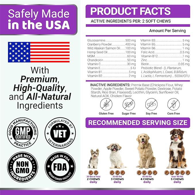 Dog Vitamins and Supplements, 240 Treats, Dog Multivitamin with Glucosamine | Senior & Puppy Multivitamin for Dogs, Hip & Joint Support, Immune Health, Skin, Heart, Digestion, Probiotics, Vet Formulated