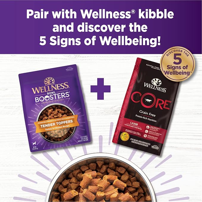Wellness Bowl Boosters Tender Toppers Dog Food Topper for Small, Medium, and Large Breeds, Grain Free, Natural, Turkey and Chicken Recipe, 2 lb Bag
