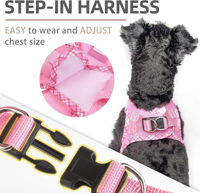 PUPTECK Dog Harness and Leash Set for Small Medium Dogs No Pull Step-in Soft Mesh Puppy Cat Vest Harnesses Reflective at Night, Pink M