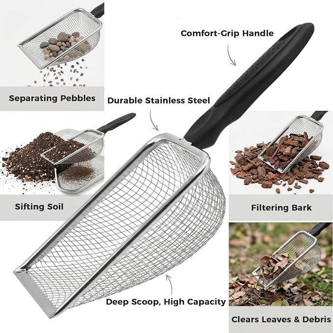 Chicken Poop Scooper 2 Pack, Stainless Steel Chicken Coop Scoop with 3.8mm & 5mm Mesh, Metal Litter Scoop for Chicken Coop Cleaning, Cat Litter Box and Sand (Black, 2pack)