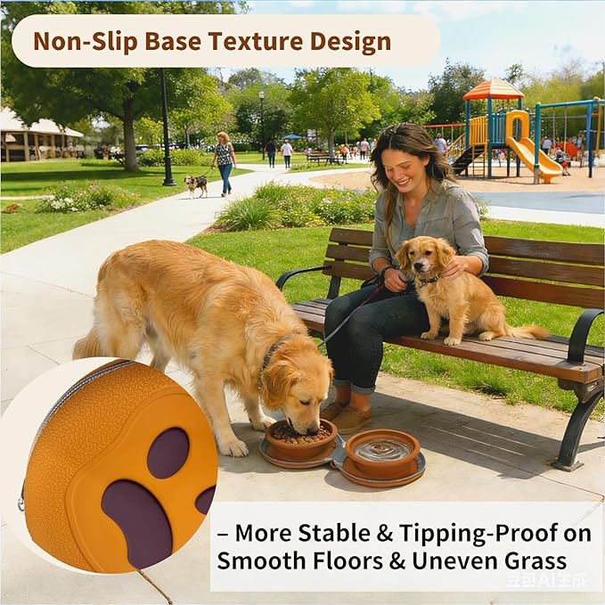 Collapsible Dog Bowls, 2-in-1 Silicone with Carabiner, Brown