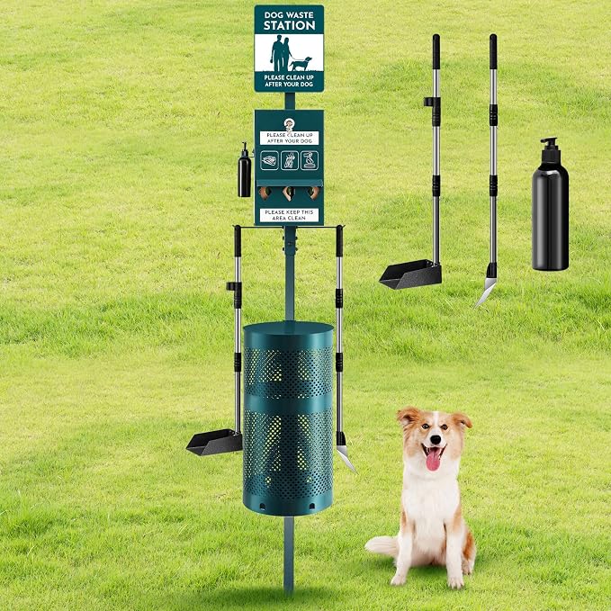 Qinyoung Dog Waste Station Outdoor Dog Poop Trash Can with Poop Bag Dispenser Shovel Dustpan Hand Sanitizer Bottle Rust Proof Bin Pet Waste Disposal System for Business Parks Backyards Trails