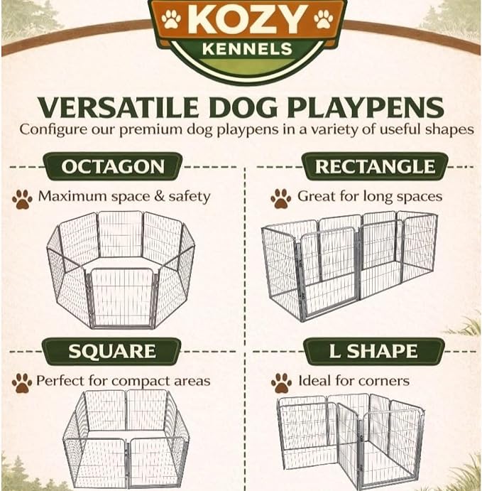 Indoor Dog Playpen - 32 inch, 12 Panels for Small and Medium Size Dogs - Play Pen w/Extra Wide Gate - Heavy Duty Metal Portable Pet Fence with Grey Anti-Rust Coating