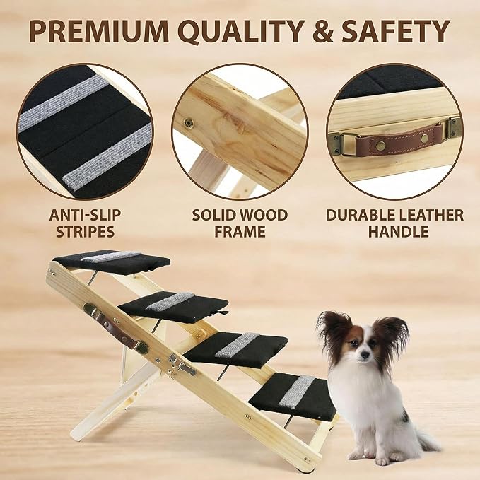 2-in-1 Indoor Pet Ramp, Wooden Folding 4-Tier Pet Stairs with Non-Slip Carpeted Steps, Ramp Perfect for Bed and Couch, 12.5" to 22.5" Height Adjustable (31.5x15)