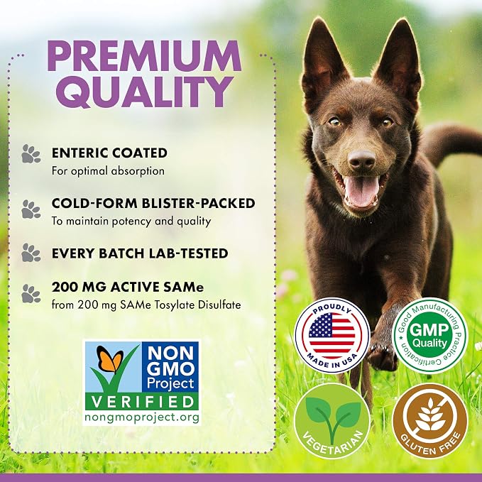 Same 200 mg Pet Supplements – Liver and Joint Support for Medium Size Dogs with Elevated Enzymes – S Adenosyl Methionine - 50 Gluten Free Enteric Coated Tablets – Non GMO Certified