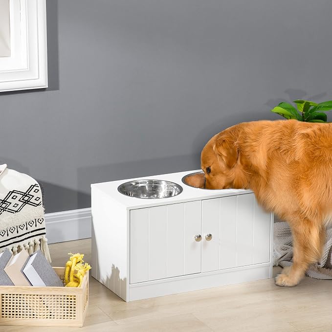 PawHut Large Elevated Dog Bowls with Storage Cabinet Containing Large 44L Capacity, Raised Dog Bowl Stand Pet Food Bowl Pet Feeding Station, White