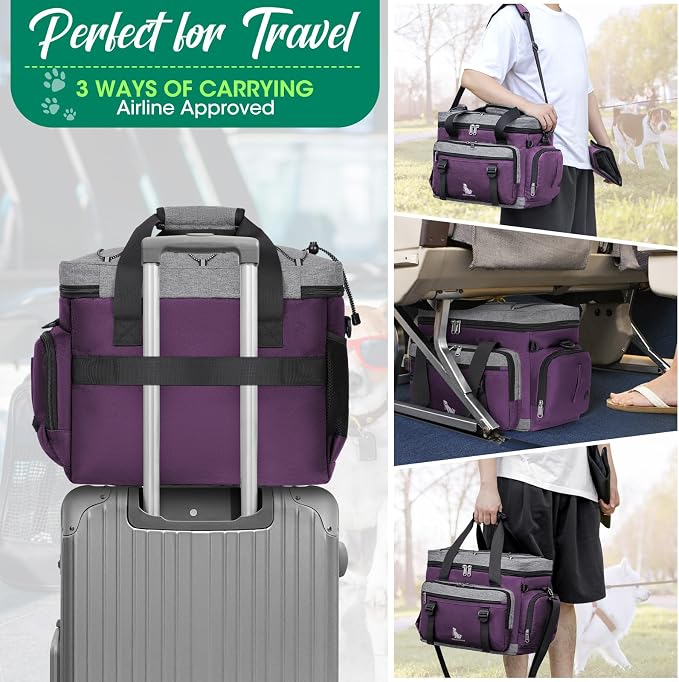 IGOLUMON Dog Travel Bag Set with 2 Food Containers, 2 Bowls, 1 Feeding Mat, Purple