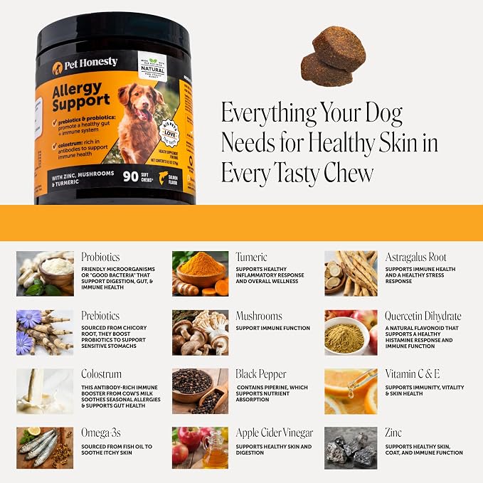 Pet Honesty Dog Allergy Chews - for Paw Licking, Itching & Seasonal Allergies - with Colostrum, Probiotics & Salmon Oil - Vet Recommended Itch Relief Supplement for Dogs (Salmon, 90 Ct)