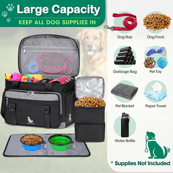 IGOLUMON Dog Travel Bag Set with 2 Extra Large Food Containers, 2 Bowls, 1 Feeding Mat