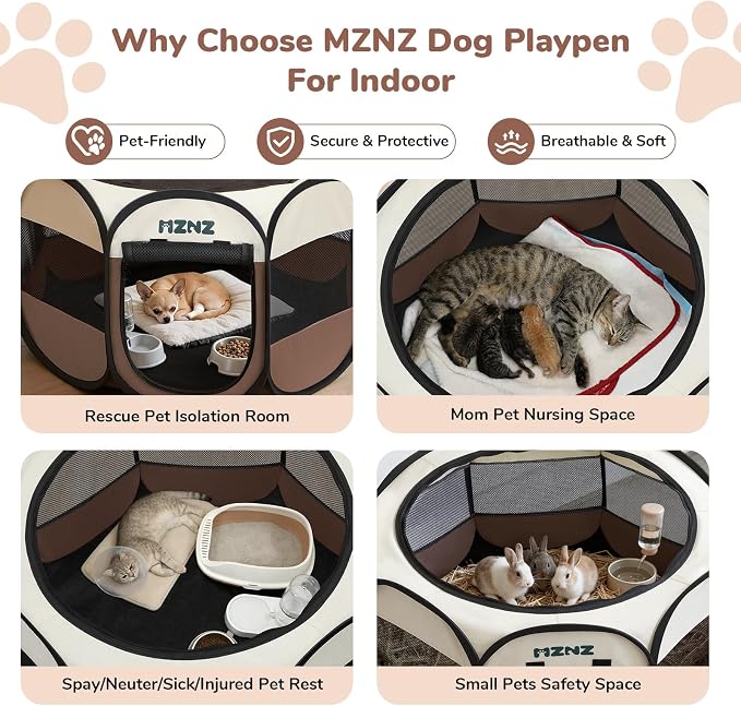 Dog Cat Playpen, Portable Small Animal Playpen Crate Indoor for Dogs Cats Rabbits, Foldable Guinea Pigs Bunny Cage Enclosure for Outdoor, Pop Up Dogs Cats Tent Kennel with Carrying Case, Brown