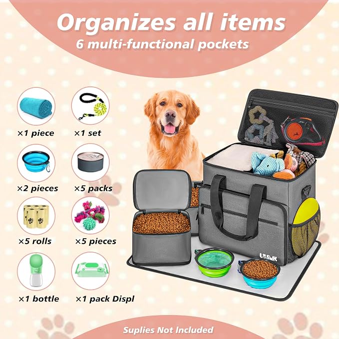 5-Set Dog Travel Bag with Food Containers, Bowls & Placemats, Grey