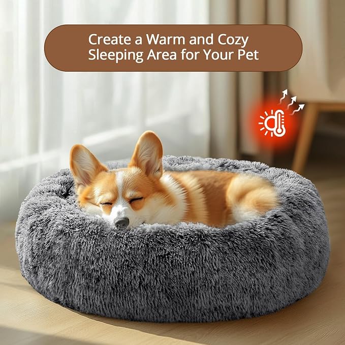 JOLLYVOGUE 36" Calming Donut Dog Bed, Smoke Black