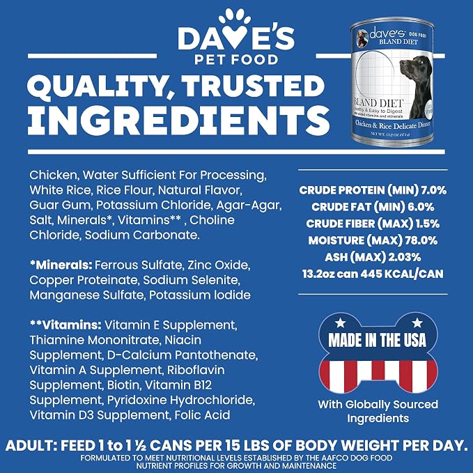 Dave's Pet Food Bland Diet Dog Food, Chicken & Rice, 13.2 oz, 12 pk