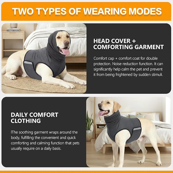 Dog Anxiety Vest,Pet Calming Hoodie Breathable Dog Anti-Anxiety Jacket for Thunder Fireworks and Separation,Grey XL