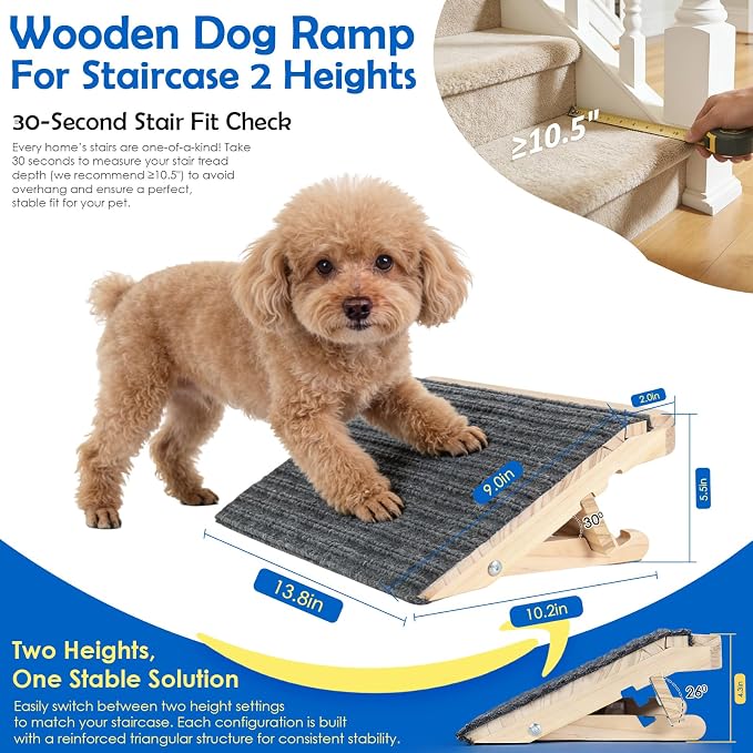 Adjustable Dog Ramp for Stairs, 2-Height Foldable Wooden Pet Steps | 4 Pack, 4.3"/5.5"H, Gentle on Joints, for Small & Senior Dogs, with Anti-Slip Carpet, Solid Wood, 170 lbs, No Assembly