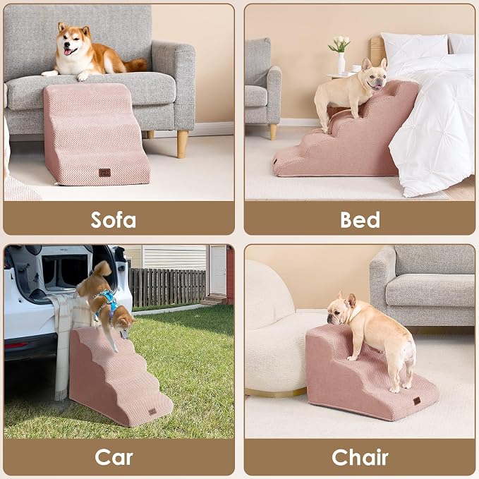 EHEYCIGA Curved Dog Stairs Ramp for Small Dogs 15.7" H, 3-Step Dog Steps for Couch Sofa and Chair, Pet Stairs for Cats, Non-Slip Balanced Pet Steps Indoor, Dusty Pink