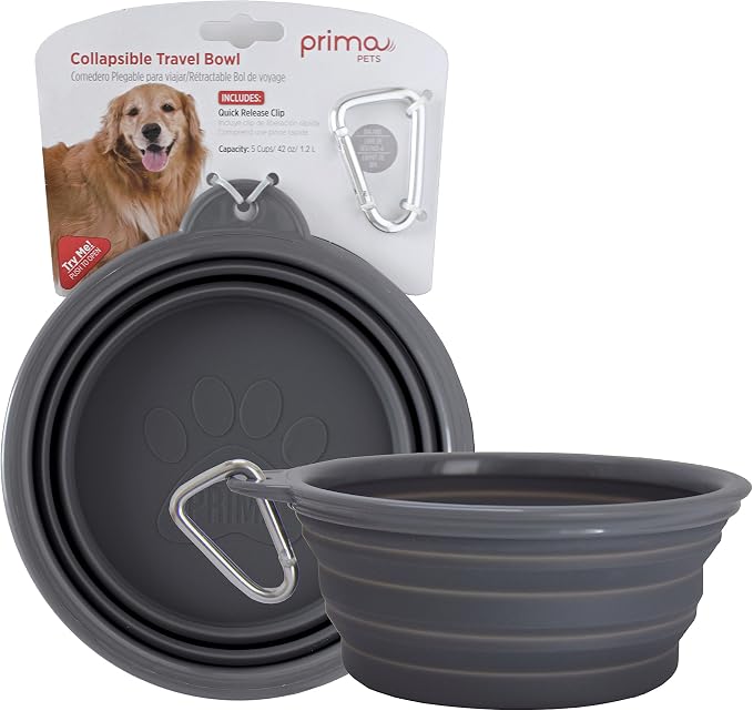 Prima Pet Collapsible Silicone Water Travel Bowl with Clip, Large 5 Cups, Grey