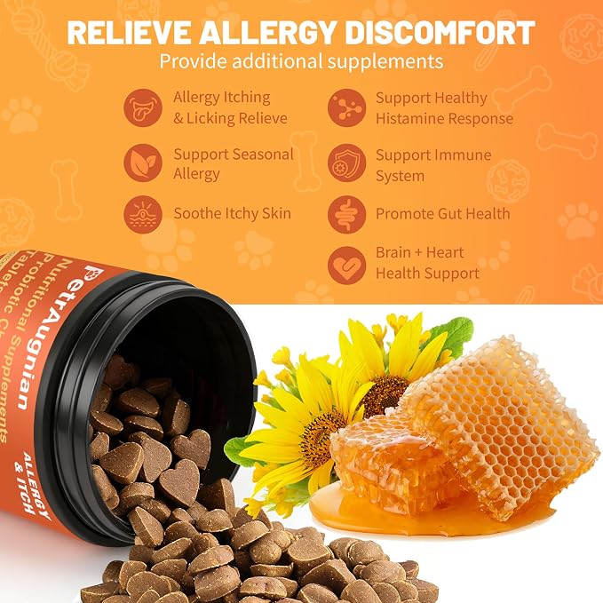 Dog Allergy Chews | Daily Support for Itchy Skin, Immune Health & Seasonal Allergies from Probiotics Omega 3 Quercetin Colostrum,Paw Licking, Pet Itchy Ear Relief Supplement - 100ct