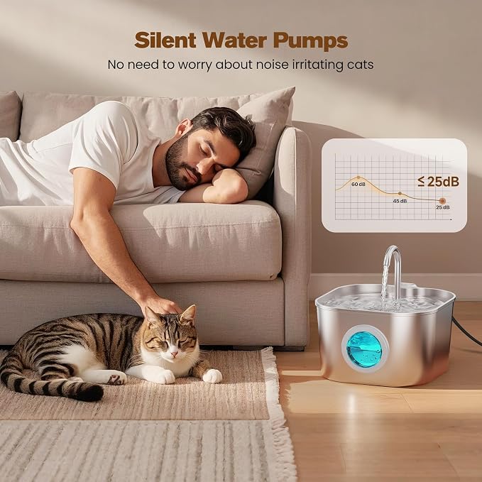 Cat Water Fountain with 8 Filters + 5 Sponges,Small Pet Waterer Dispenser Fountains for Drinking Cats Indoor Metal Automatic Waterer Bowl 24/7 Running Auto Kitty Watering Supplies Quiet Pump