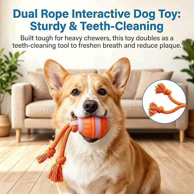 Interactive Dog Toys Automatic Rolling Ball with Rope Blue | Motion-Activated Play, Random Moving Electric Dog Ball with Sounds, Mental Stimulation, For Puppy Small Medium Dogs